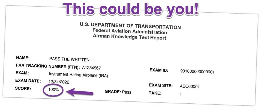 Sample FAA Airman Knowledge Test Report showing a 100% passing score