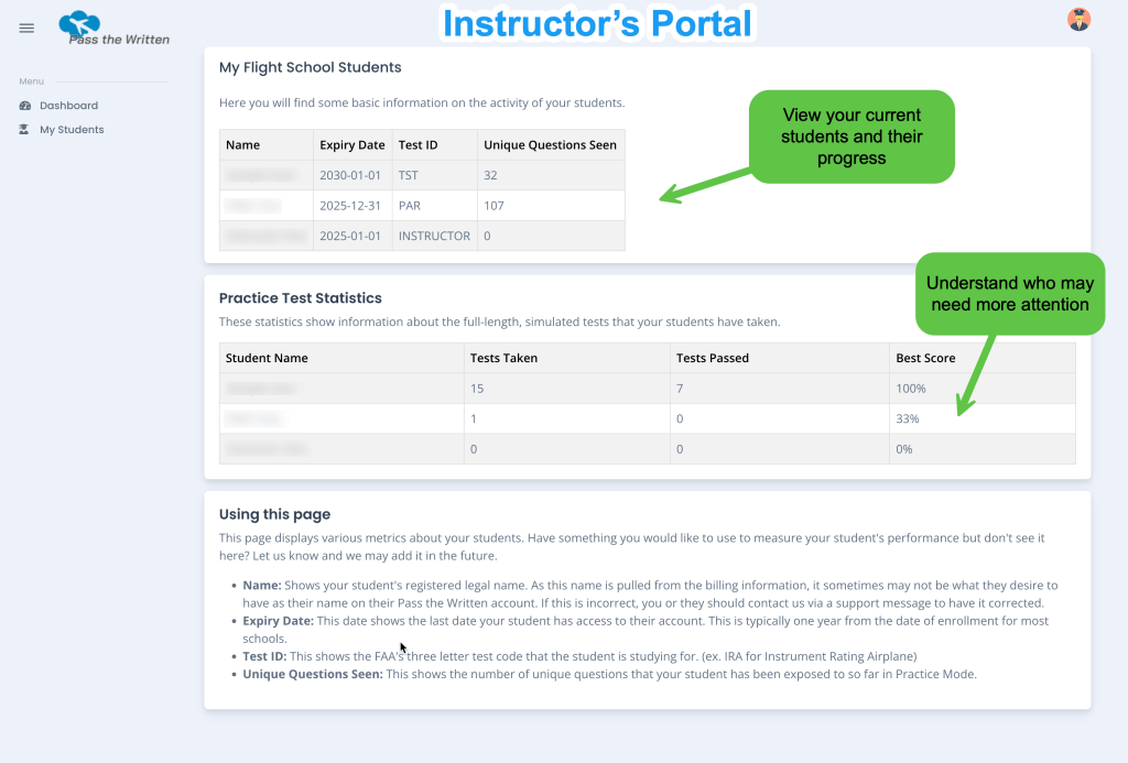 Instructor portal showing student progress